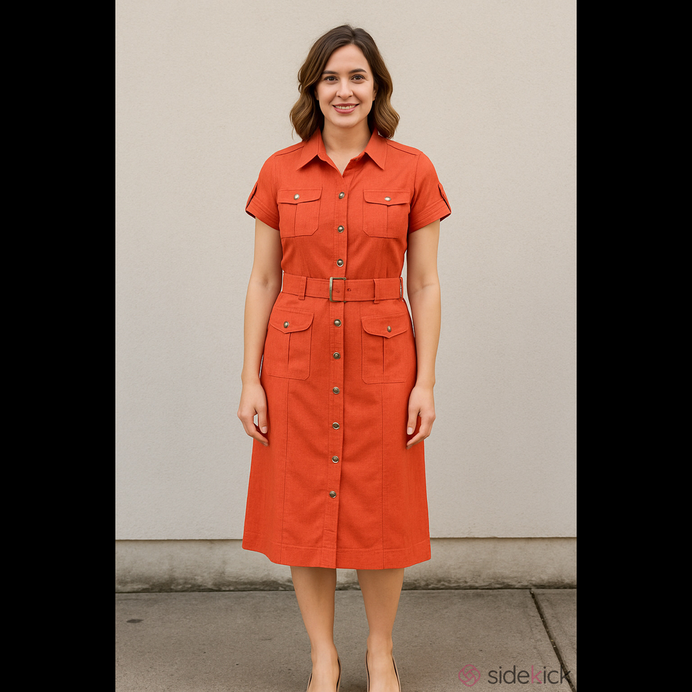 Dress Barn Front Button Belted Short Sleeve Dress Colour Orange Size 10